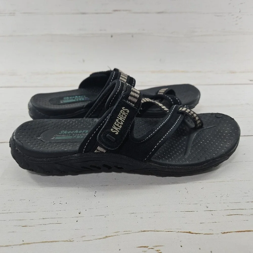 Skechers Reggae Rasta Women 8 Black Tan Flip‎ Flop Thong Sandals Slip On Comfort